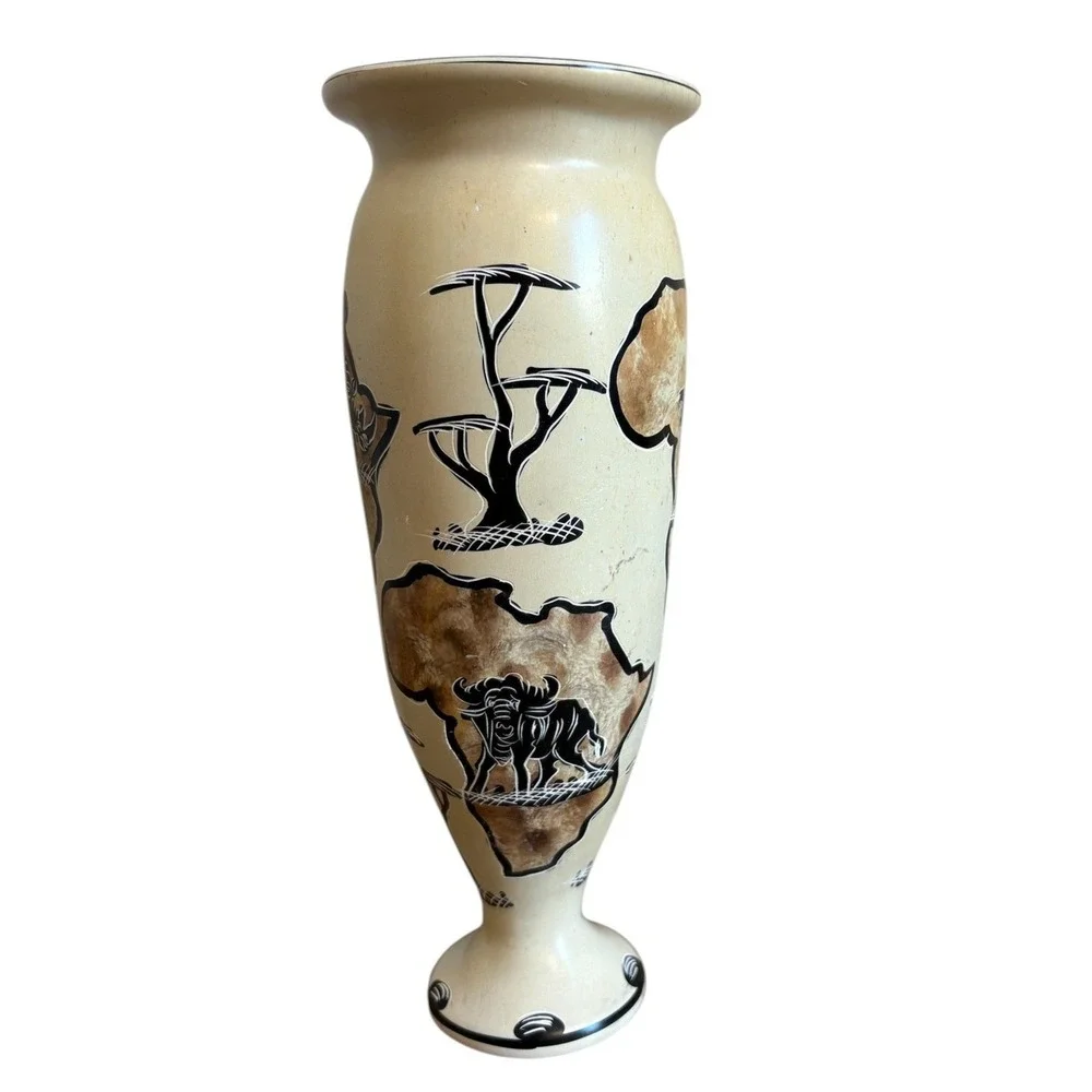 African Soapstone Vase HandCarved Safari Wildlife Lion Elephant Rhino Cream 9.5
